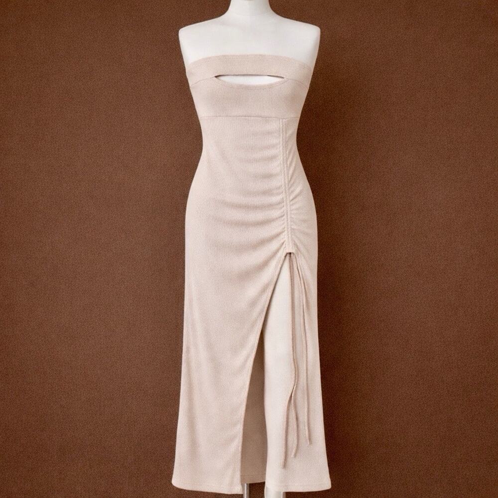Women’s Dress Small Beige Strapless Cutout Bandeau Slit Ribbed Maxi Bodycon R2